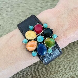 Barse 925 Silver Multicolor Stone Flower Floral Leather Cuff Bracelet